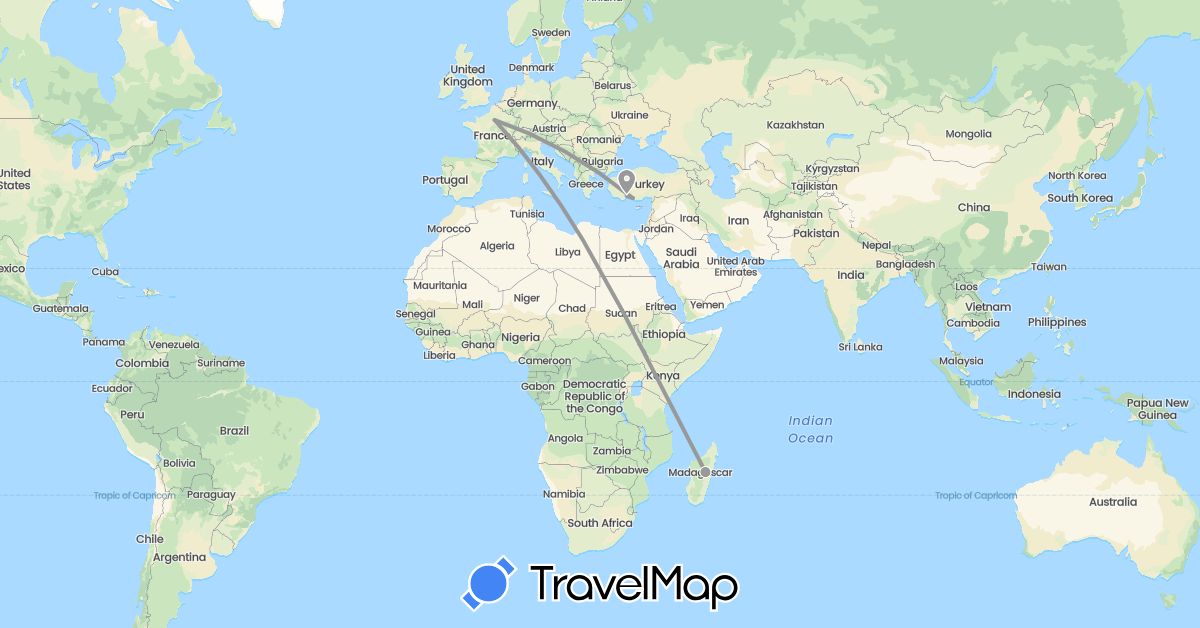 TravelMap itinerary: driving, plane in France, Madagascar, Turkey (Africa, Asia, Europe)